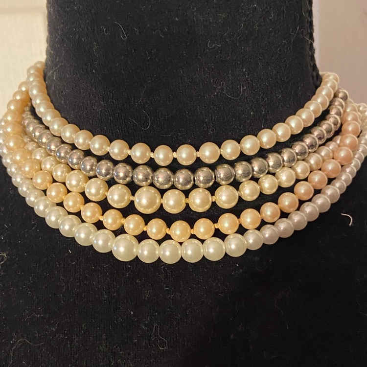 Vtg Lot Of 5 Strands Faux White/Cream Pearls & Metal Beaded Choker Necklaces